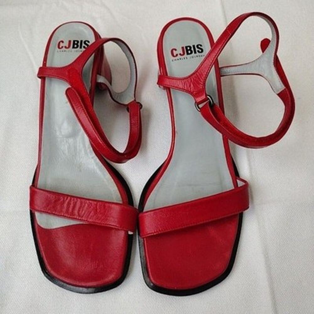 Charles Jourdan Sandals Womens Size 8 Red Leather Strappy Block Heel Ankle Strap